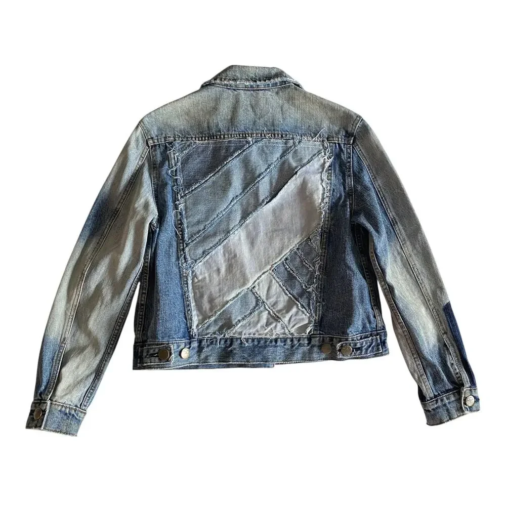 Free People : Brass-tone Studded Patchwork Distressed Boho Denim Jacket : XS - Picture 12 of 16